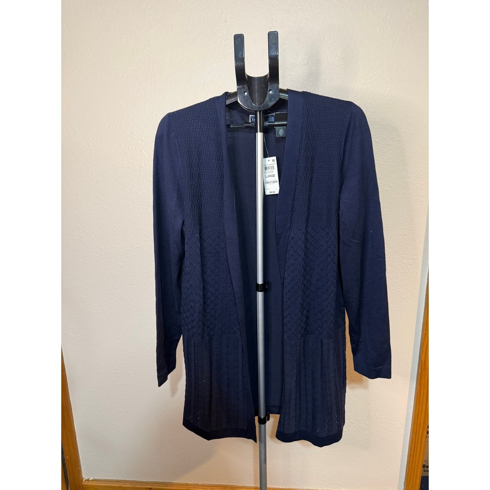 Karen Scott Core Cardigan Intrepid Blue Navy Open Front Textured Sweater Large